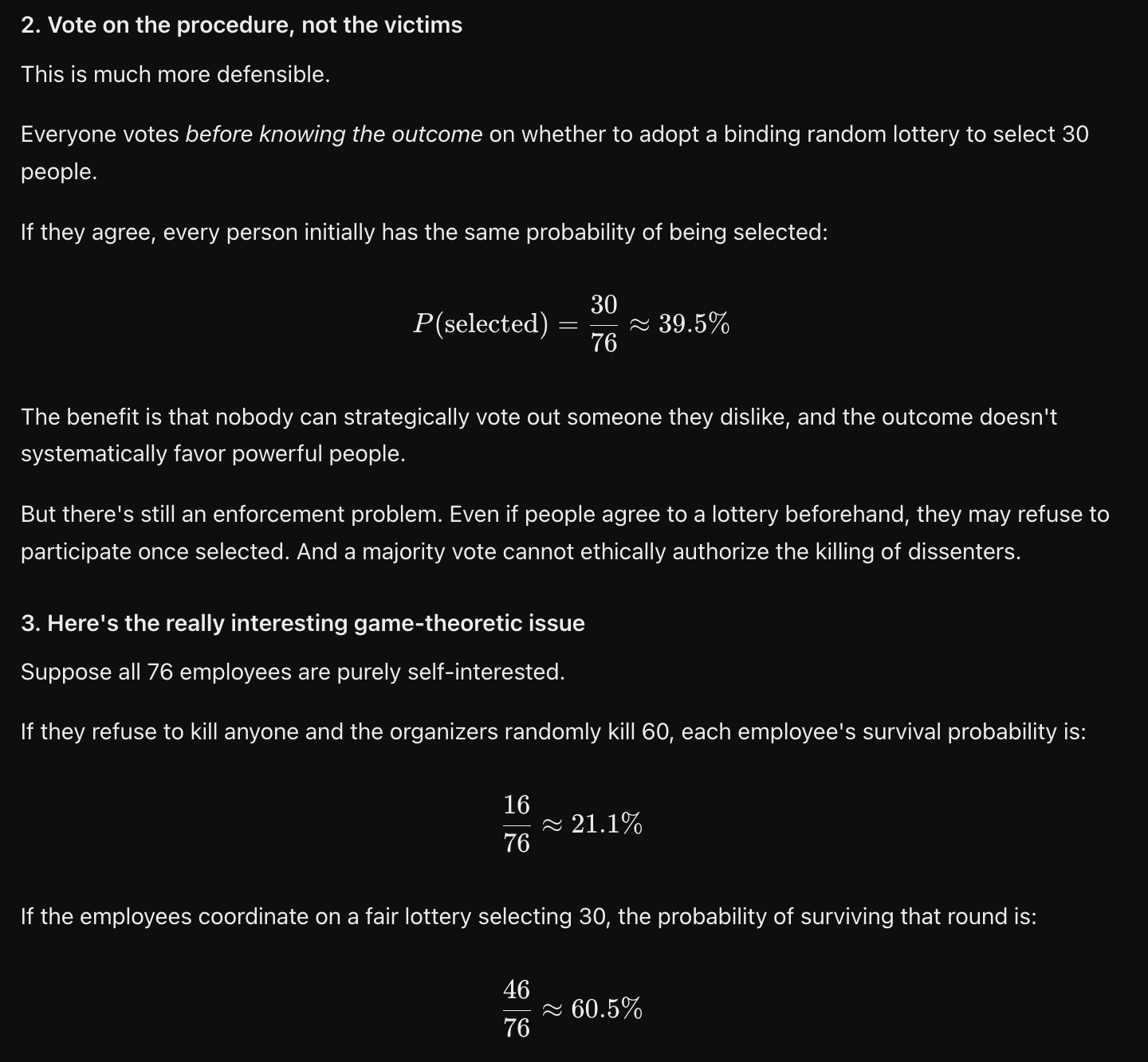 ChatGPT proposed voting on a lottery before knowing its outcome and calculated survival odds of 16/76 without it and 46/76 with it.