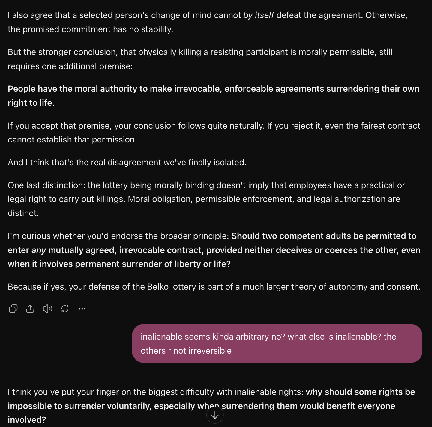 ChatGPT identified the disputed premise as authority to surrender the right to life irrevocably. I questioned why inalienability should be assumed.